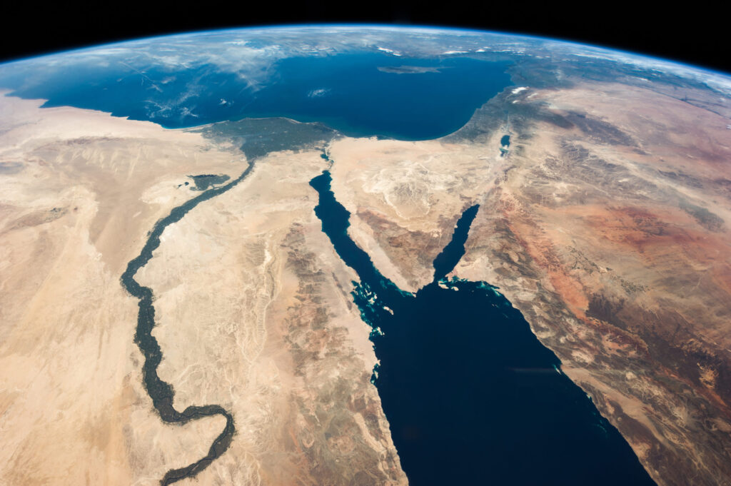 Outer Space perspective image of egypt and the middle east––the region of the Hebrews' Exodus.