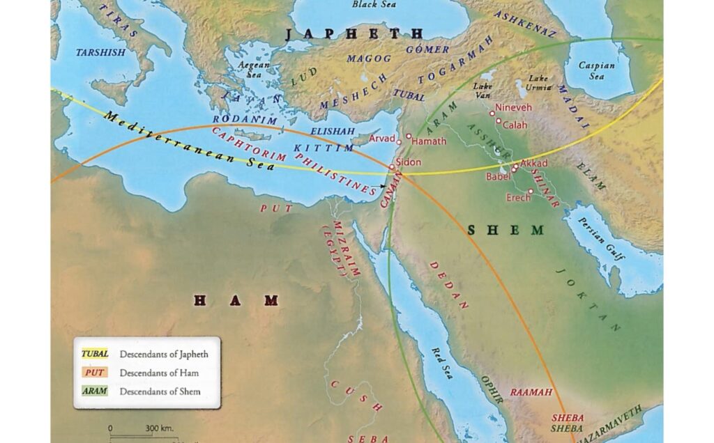 Map of the middle east, showing where Shem, Ham, and Japheth spread.